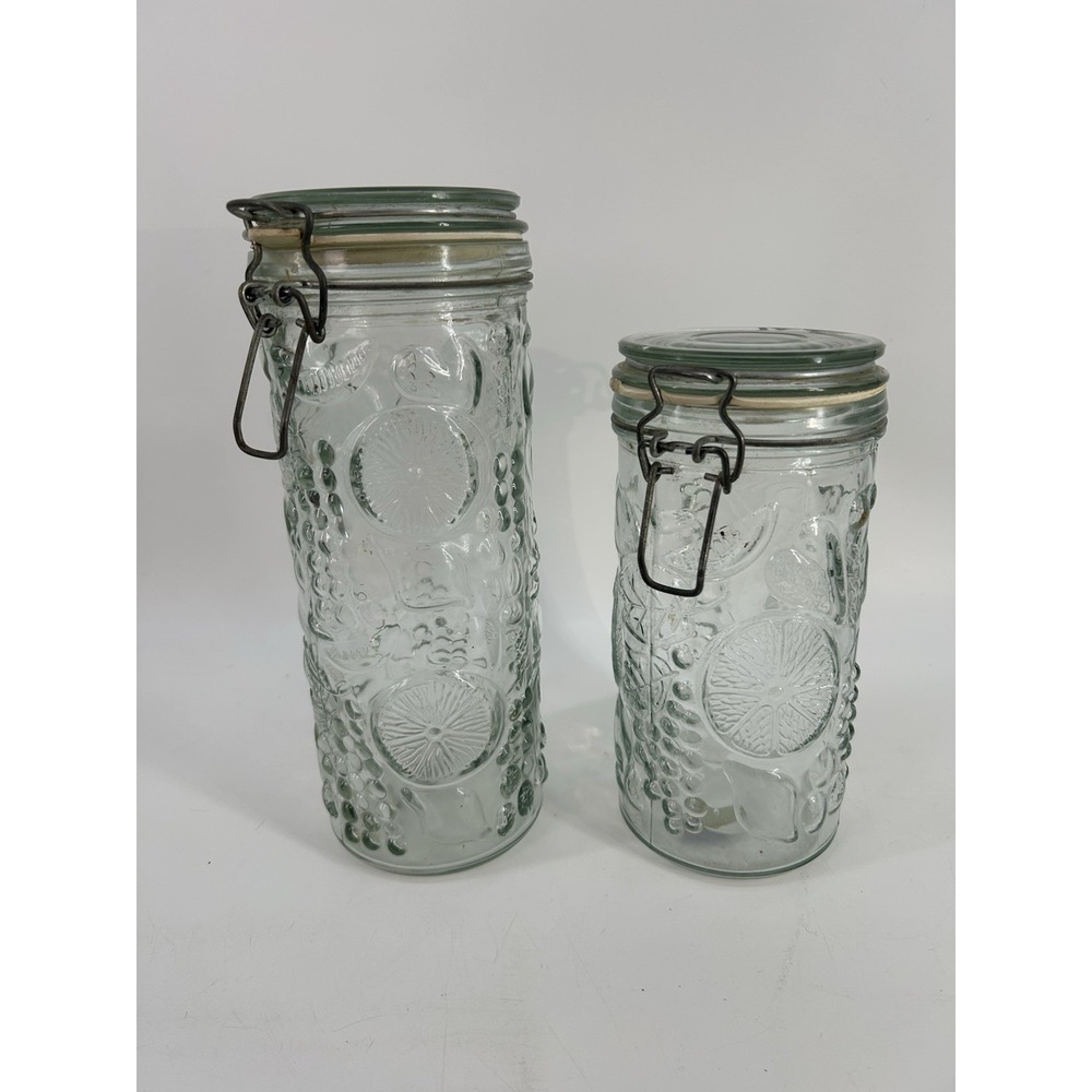 Vintage Elements Fruit Embossed Glass Canisters with Wire Flip Top 10" & 8"